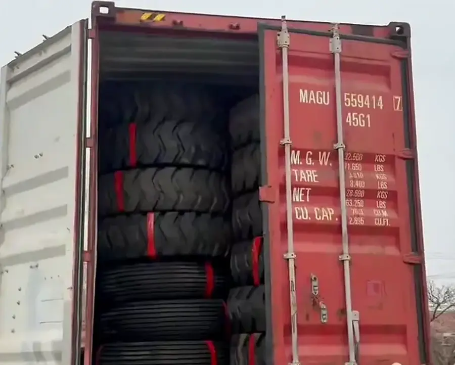 Open container with OTR tires loaded for export shipment