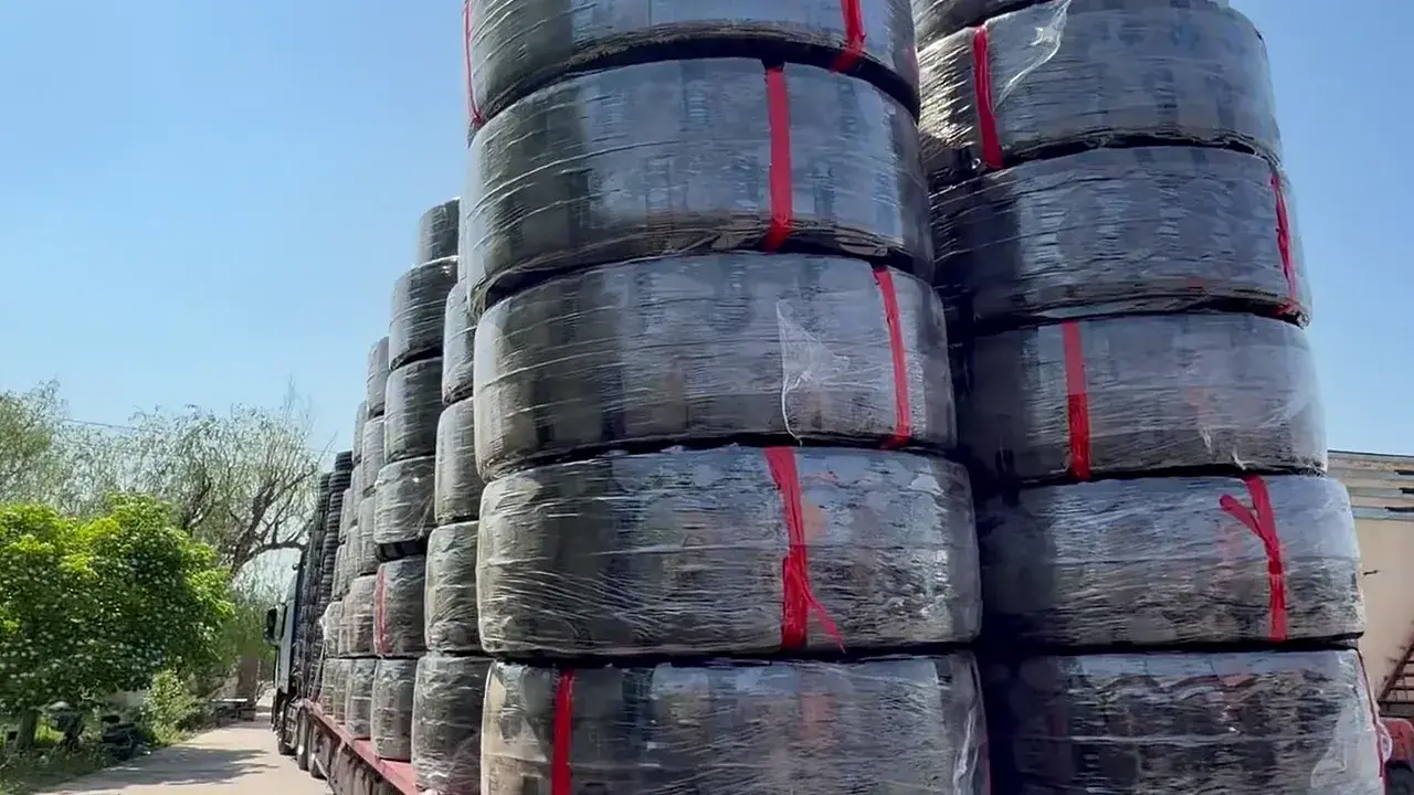 Wrapped OTR tires prepared on a truck before export shipment